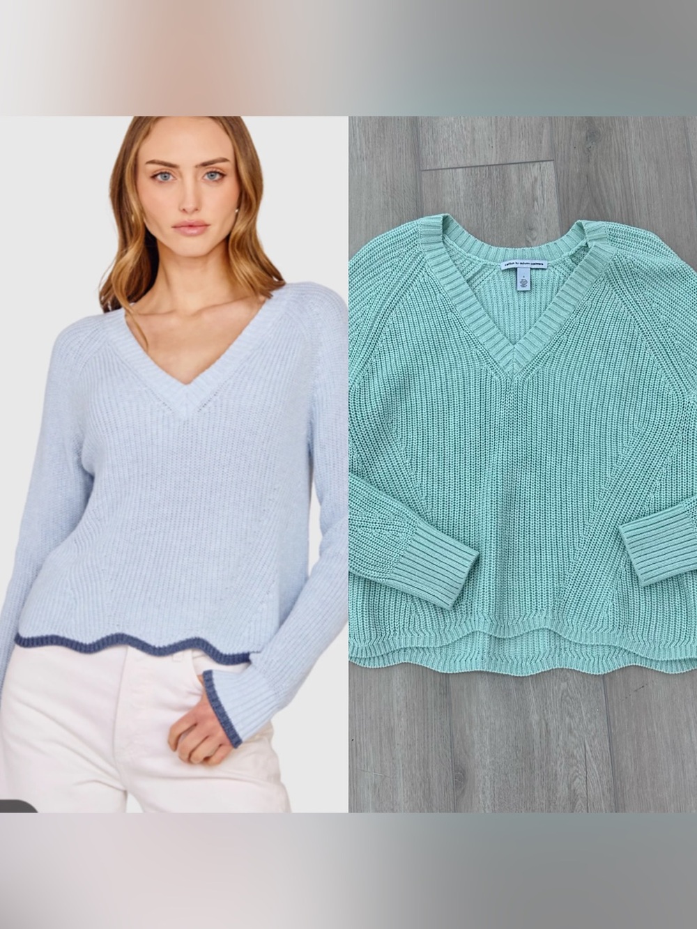 Cotton by Autumn Cashmere tipped scallop shaker V neck sweater green small